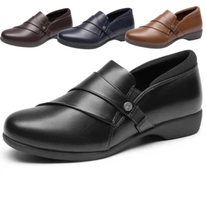 Women Faux Leather Round Toe Loafers Office Work Slip On Loafer Shoes - Picture 1 of 22