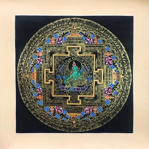 Green Tara Mandala Thangka, Genuine Hand Painted Dholma Mandala - Bild 1 von 4