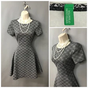 United Colors of Benetton Grey Black Mix Geometric Swing Dress Small Stretchy - Picture 1 of 12