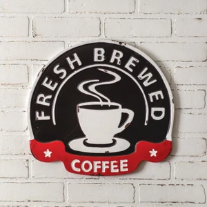 Fresh Brewed Coffee Wall Sign - Enamelware Embossed Metal - Black White Red - Picture 1 of 1