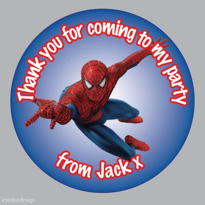 ELSIE BEAU 24x Personalised Super hero spider Birthday Stickers 45mm Party Thank You 277