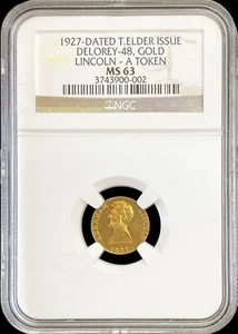 1927 GOLD LINCOLN THOMAS ELDER MEDAL NGC MINT STATE 63 DELOREY-48 - Picture 1 of 2