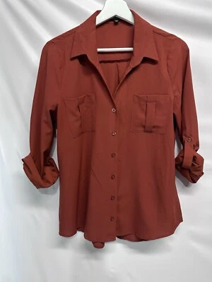 Blusa Top Papaya Botón Frontal Semi Transparente Naranja Quemado Manga Pestaña Enrollable S Foto 1 de 4