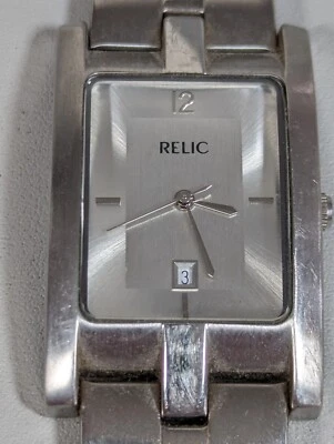 Relic Silver Tone Date Indicator Dial Rectangle Case Link Band Watch - Image 1 of 4