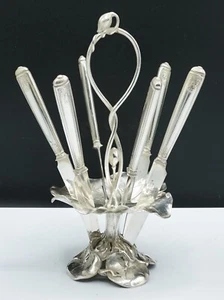 French Art Nouveau Silver Botanical Figural Knife Holder w/ 6 Christofle Knives - Picture 1 of 14