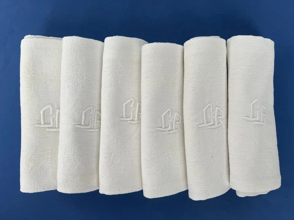 6 serviettes 1900 - 1930 coton damassé brodées initiales CR, linge de table - Photo 1/3