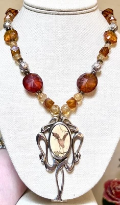 WONDERFUL Artisan Art Nouveau Sterling Silver Citrine & Amber Carved Necklace - Image 1 of 4