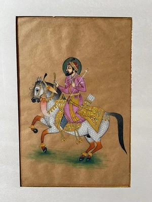 "Indian Miniature Painting - Rajasthani Mughal Warrior on Horseback" - Image 1 of 4