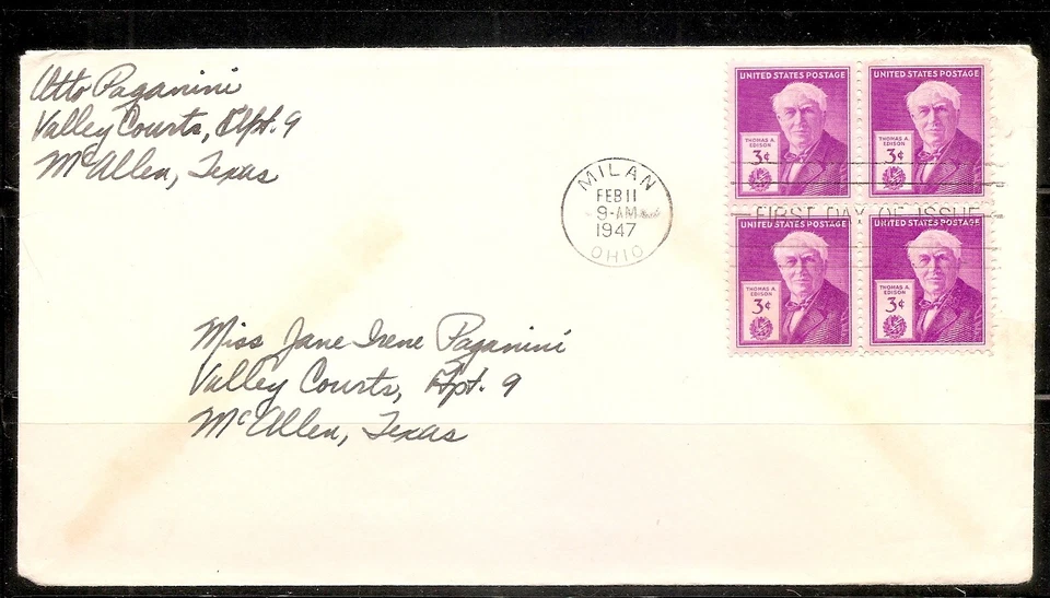 US SC # 945 Thomas A, Edison  FDC  . BLK4 .No Cachet  - Image 1 of 1