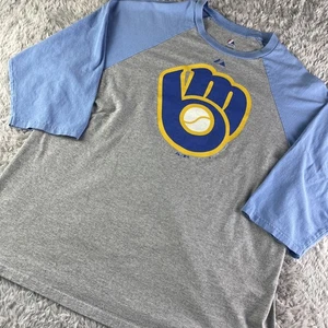 Milwaukee Brewers Shirt Mens Extra Large Gray Blue Raglan Ringer MLB Baseball - Picture 1 of 8