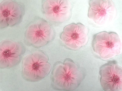 35pc Pink Beaded Flower Fabric Applique / Embellishment Hairbow Craft FL-D - Image 1 of 2