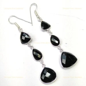 Root Chakra Black Onyx Gemstone Drop Birthday 3 Pcs Set Earrings Silver Finish - Picture 1 of 8