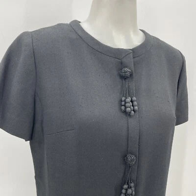 Vintage Leslie Faye linen Shift dress tassels black￼ 1960s ￼ madman Wiggle - Image 1 of 4