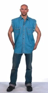 Men's Motorcycle Denim Light Blue Sleeveless Shirt with Buttoned Front Closure - Picture 1 of 6