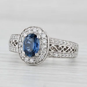 1.39ctw Creado en Laboratorio Zafiro Azul Anillo Diamante Halo 14k Blanco Oro - Imagen 1 de 10