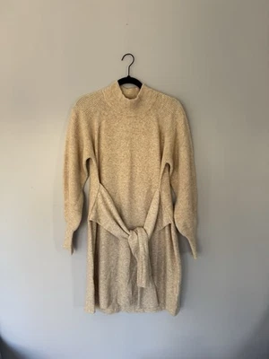 DH New York Beige Knit Dress Size M Cashmere Wool Blend Mock Neck Tie Waist - Image 1 of 4