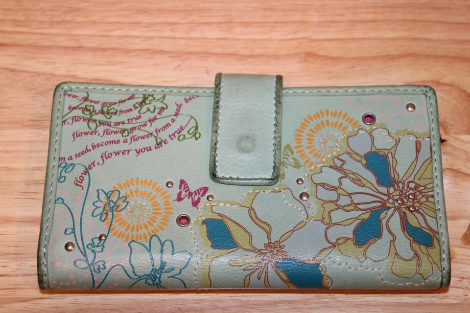 Cartera sin asas de cuero plegable boho multicolor verde azulado FOSSIL escritura floral vintage Foto 1 de 4