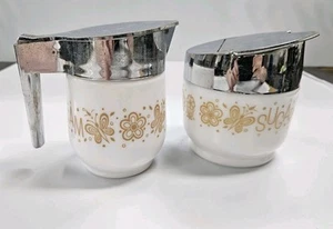 Gemco Corelle Butterfly Gold Milk Glass Creamer and Sugar Bowl with Lids - Picture 1 of 6