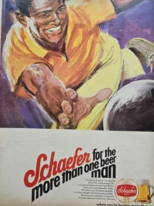 Cerveza Schaefer 1971 hombre afroamericano arte de bolos anuncio de colección - Imagen 1 de 1