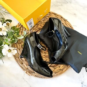 Fendi Womens Black Patent Leather Ankle Strap & Peep Toe Wedge , sz 37.5/US 7 - Picture 1 of 10