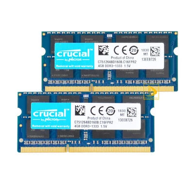 8GB RAM Crucial 2PCS 4GB 2RX8 PC3-10600S DDR3 1333Mhz Laptop SODIMM Memory RAM - Image 1 of 4