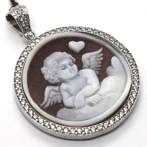 CIONDOLO ARGENTO 925 CAMEO CAMMEO, ANGELO INCISO A MANO, CUORE, NUVOLA, ZIRCONIA - Picture 1 of 9