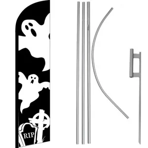 Halloween Ghost Black / White Windless Banner Flag & 16' Flagpole Kit /Ground - Picture 1 of 1