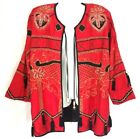 The Icing Jacket Vtg Red Silk Artsy Embroidered Beaded Tassel Open Front Jacket 