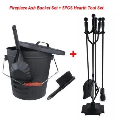 Cubo de cenizas con tapa pala y 5 piezas juego de herramientas para chimenea y bolsa portadora de troncos de leña Foto 1 de 4