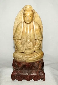 Vintage chinesischer Speckstein geschnitzter Buddha auf Lotussockel Skulptur (AHB) - Bild 1 von 12