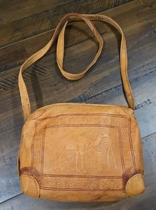 Vintage Lamscot Tooled Embossed Leather CAMEL/PALM-TREE SCENE Crossbody Handbag - Picture 1 of 12