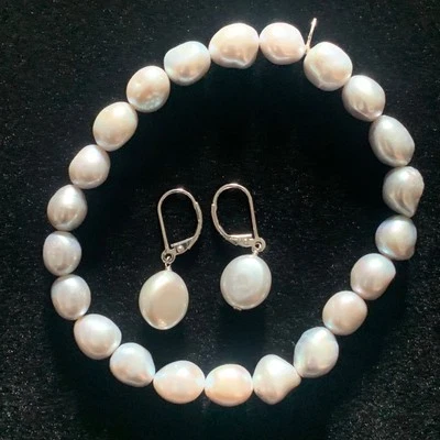 Juego de aretes pulsera perlas barrocas grises 8 mm HSN plata de ley elásticos Estate Foto 1 de 4