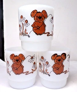 Set of 3 Vintage Fire King HILDI MOUSE MUGS Stackable White Milk Glass near mint - Picture 1 of 7