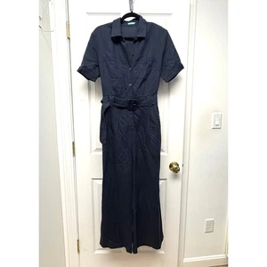 J. Mc Laughlin Jumpsuit Navy Blue Linen Belted Collar Short Sleeve Women's 8 - Picture 1 of 7