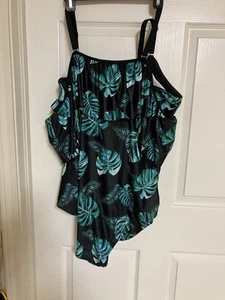 Daci 24W One Piece Ruffled Neck Bathing Suit Black and Green Leaf NWT - Picture 1 of 5