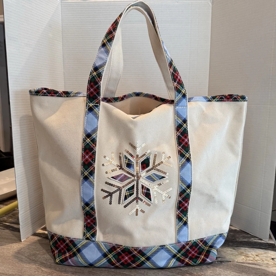 L.ands End Extra Large Tote Bag with Snowflake Design Plaid Straps & Bottom. - Image 1 of 4