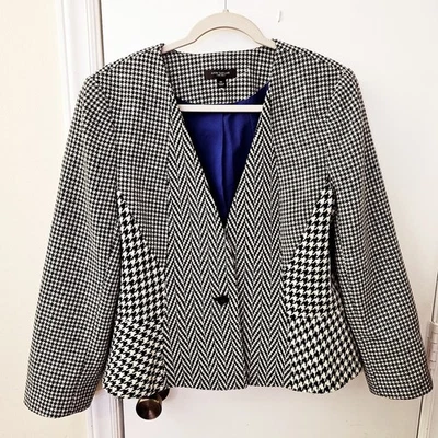 Ann Taylor Jacket Black White Wool Blend Blazer Houndstooth Check Classic Sz 14 - Image 1 of 4