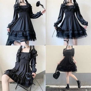 Party Dresses Slash Lolita Style Puff Sleeve Lace Ruffles Princess Black Gothic - Picture 1 of 17