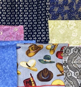 Fabric Lot Of 7, 100% Cotton Yards, 36”x40-44”. Multi Patterns, Quality Brands. - Picture 1 of 9