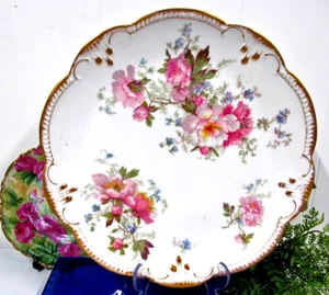 AK LIMOGES FRANCE large charger pink roses and blossoms 1920s gold gilt platter - Picture 1 of 10