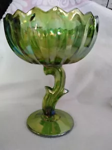 Mid Century Carnival Glass Green Iridescent Pedestal Bowl - Picture 1 of 8