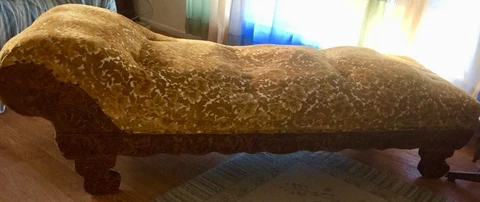 Vintage Antique Fainting Couch Sofa Chaise Gold Upholstery w Carved Wooden Legs Cover