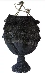 Black Antique Crocheted Drawstring Bag with Faceted Black Beads and Chain - Picture 1 of 5