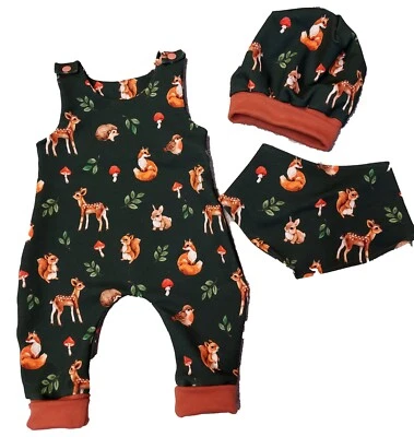 Baby Strampler Einteiler Bambi Fuchs Waldtiere 2er-Set Beanie Mütze Handmade