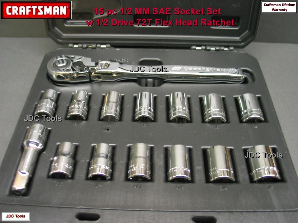 CRAFTSMAN 15 pc 1/2 Drive SAE MM Socket Set w 72T FLEX Head Ratchet Wrench - Image 1 of 3