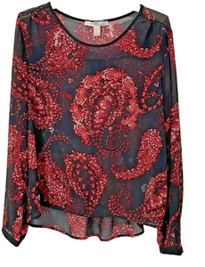Forever 21 Top Womens Med Blouse Fairy Black Sheer Red Pink Floral Long Sleeve - Picture 1 of 17