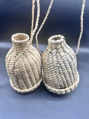 2 Wicker Boho Hanging Wine Bottle Holders Hanging Rattan Vases 8.5in - Image 1 of 4