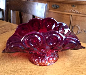 Ciotola pieghevole vintage LE SMITH vetro amberina amberina frutta luna e stelle 12" - Foto 1 di 5