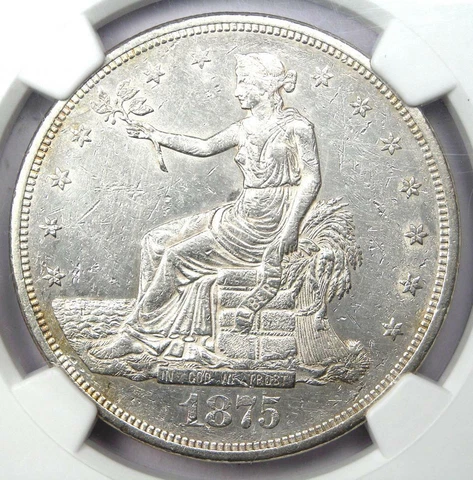 1875-CC Trade Silver Dollar T$1 - Certified NGC Uncirculated Details (MS UNC) Cover