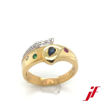 Ring in 585/- Gelb/Weißgold mit 1 Rubin- 1 Saphir - 1 Smaragd und 6 Diamanten - Bild 1 von 3